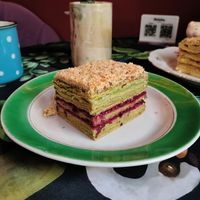 Matcha + strawberry Napoleon at Stricha in Tbilisi