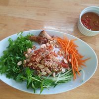 White noodles with fried spring rolls + tofu at Okale in Nha Trang