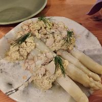 Scrambled no-egg tofu and asparagus at Osteria in Bolla in San Luca