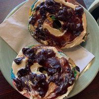 Rainbow bagel with PB & chocolate covered Jerry—makes me proud!  at Crumhorn Coffee House in Oneonta
