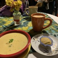 Corn chowder, corn muffin, chai latte  at Crumhorn Coffee House in Oneonta