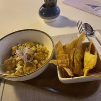 Tasty ceviche with plantains   at Bahia Mar in Puerto Ayora