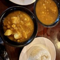 Lentil curry, potato and pea curry and rice   at Meem Restaurant  in Muang Ngoy