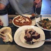 Strawberry chocolate coffee cake, pumpkin waffle and a spicy tofu scramble — yum! at Boots Bakery & Lounge in Spokane