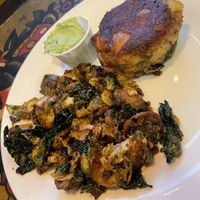 Potato croquette and cheezy Brussels sprout hash  at Boots Bakery & Lounge in Spokane