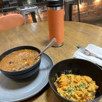 Bowl of chili and blackened tofu with yams  at Boots Bakery & Lounge in Spokane