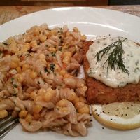 Chipotle pasta with corn and baked tofu with tartar sauce = Yummy! at Boots Bakery & Lounge in Spokane