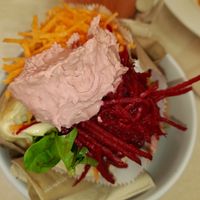 Falafel with beetroot humus and salad, delicious at The New Leaf Cafe in Murwillumbah