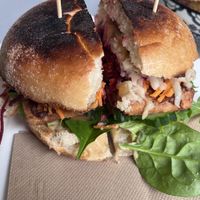 Tofu burger with satay sauce   at The New Leaf Cafe in Murwillumbah