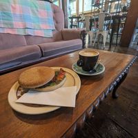 Pesto roasted veg sandwich and a coffee at Harbour Street Collective Cafe in Oamaru