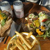 Falafel pita, falafel bowl, chips with vegan tahini sauce and kombuchas   at Queen Ester Falafel Bar in Newport