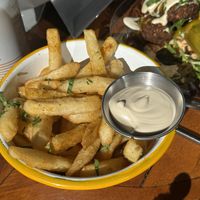 The chips are amazing! This is only the small portion, the large one is massive. You need to ask for the vegan tahini sauce otherwise it’ll come with aioli.   at Queen Ester Falafel Bar in Newport