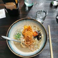VEGAN TONKOTSU - 

12 €. Miso tare, crafted noodles, vegetable soup, macadamia milk, spicy tofu soboro, crunchy onion, crushed peanuts, sweet potato chips, kikurage, scallions at Shōyu in Riga