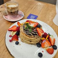 Chocolate pancakes and dirty chi latte at Lilo Brunch in Madrid