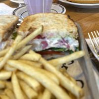 Vegan chickpea salad sandwich with fries   at Goddess and the Baker in Brookfield