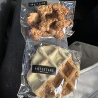 Spelt cookies shaped like Vespa, pistachio waffle  at ARTESTAND in Sapporo