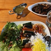Veggie kebab plate and balsamic mushrooms  at Green Lettuce USA in Greenville