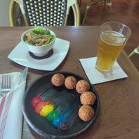 How good is this vegetarian mushroom crockets, salad and cervecia.  The service is friendly and the restaurant is cool in the heat of the day. at Montmartre in Cartagena