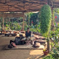 Half of the restaurant seating at Awani Plant Based in Arambol