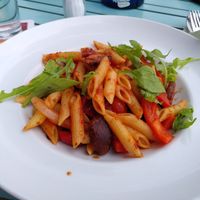Pasta with tomato sauce and mushrooms at Café Safran in Hannover
