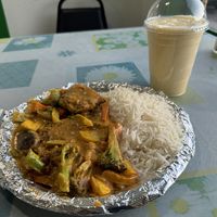 Lentil patties rice plate with mango coconut milk shake  at Lemongrass in Tucson