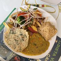 Combinado - huge! Had lomo saltado, lentil curry and rice, and a chickpea fritter thing  at Loving Hut - Titikaka in Puno