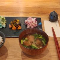 Rice and miso soup as the base, additional dishes (min. 3 = 900yen) can be chosen freely. Served with Kala Manak. at Seed Cafe シードカフェ in Fujinomiya