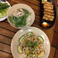Vegetarian pho (back left), fried spring rolls (back right) and mixed fried rice (front) at Muro Organic Vegan Restaurant in Nha Trang