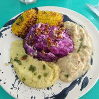 Cabbage, creamy lentils, hummus, grilled corn at Arrebato Cafe in Buenos Aires