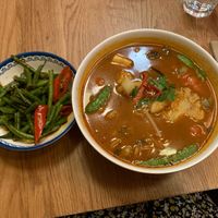 Tom yum noodle soup w/ veg & tofu and spicy green beans (vegan & gluten-free)  at Rosa's Thai Cafe in London