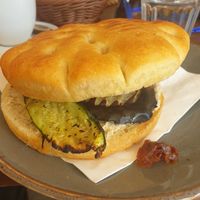 Foccacia panini with roast aubergine and hummus at Caffè delle Guide in Alagna Valsesia
