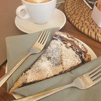 Vegan wild blueberry tart (torta di mirtilli) with orzo soya cappuccino at Caffè delle Guide in Alagna Valsesia