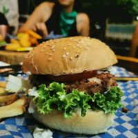 Crabless burger and fries at Umi Vegan  in Playa Del Carmen