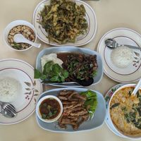 Morning glory, duck, pork, tom yum at Sutunthip Vegetarian Food in Bangkok