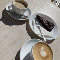 Oat cappuchino and chocolate pie  at bean17 coffee and more in Loule