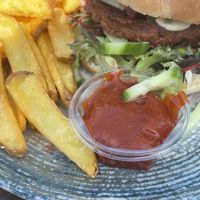 vegan burger with fries and tomato dip  at Fiskehallen in Thyboroen