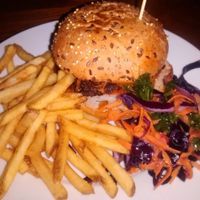 Burger with Korea BBQ sauce and kimchi at Brass Monkey Leith in Edinburgh