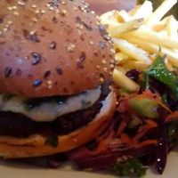 Vegan burger with chips at Brass Monkey Leith in Edinburgh