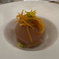 Delicious peach sorbet with candied orange on top. Usually sorbet and a homemade fruit jelly are served. Wonderful at Kendall-Jackson Wine Estate & Gardens in Santa Rosa