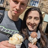 Enjoying caramel swirl and caramel (left) and chocolate caramel on top of cookies and cream (right) at Lick in Bakewell