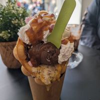 Cream egg, mini egg ice-cream in a bubble waffles with cream marshmallows and caramel sauce! at Lick in Bakewell