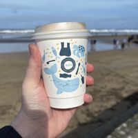 Takeaway oat latte  at Roots Cafe in Perranporth
