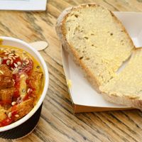 Sweet potato soup and sourdough   at Roots Cafe in Perranporth