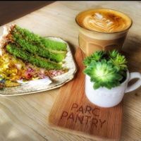 Oat latte and Pesto sandwich at Parc Pantry Malpas in Newport