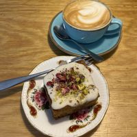 vegan persian cake and coconut flat white  at Parc Pantry Malpas in Newport