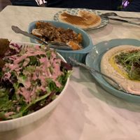 Falafel salad, sweet potato dish, and masabacha hummus with pita    at Florence and the Spice Boys in Sarasota