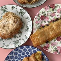 Top: olive jalapeño cheese, left: almond, right: pain suisse, bottom: ham & cheese  at Chaumont Bakery & Cafe in Santa Monica