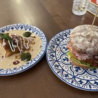 Samosa chaat and a burger  at Temple Goddess  in Milwaukee