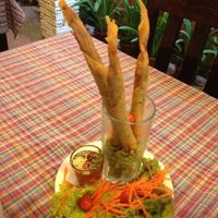 spring rolls , the fried ones
 at Brown Rice Organic Bistro in Chiang Mai