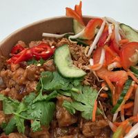 Vegan chicken rice bowl. Super tasty and lots of vegan chicken!  at Hoi Anh in Utrecht